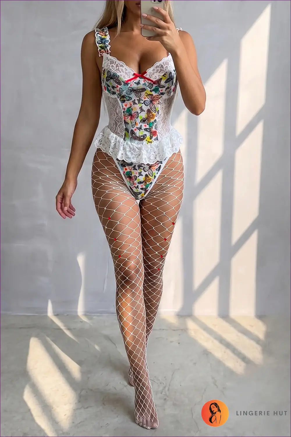 White Butterfly Print Bodysuit with Ruffle Peplum - Playful Confidence - Teddies & Bodysuits - Boudoir • Date Night