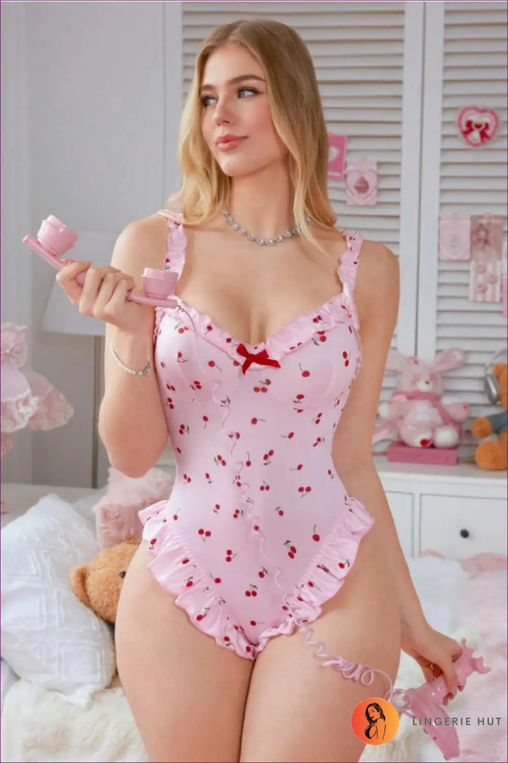 Pink Cherry Print Ruffle Bodysuit - Playful Confidence - s / Teddies & Bodysuits - Boudoir • Date Night • Garter