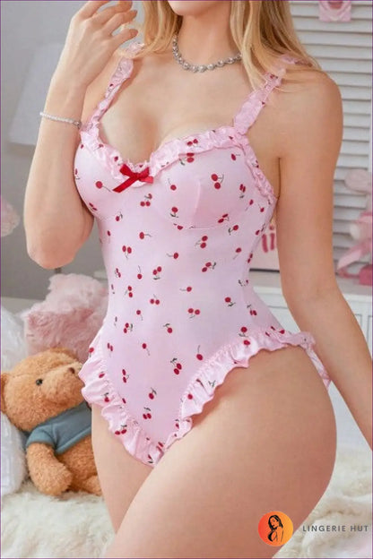 Pink Cherry Print Ruffle Bodysuit - Playful Confidence - Teddies & Bodysuits - Boudoir • Date Night • Garter