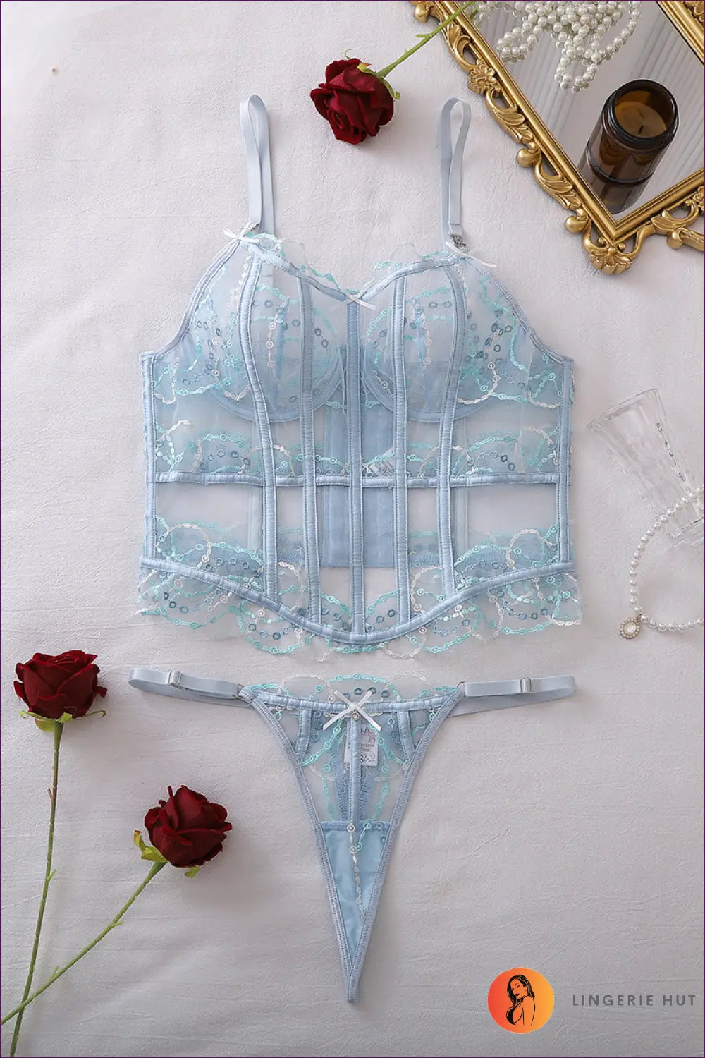 Bodysuit with Sheer Mesh Cutout - Private Luxury - s / Light Blue - Boudoir • Date Night • just in - Lingerie Hut