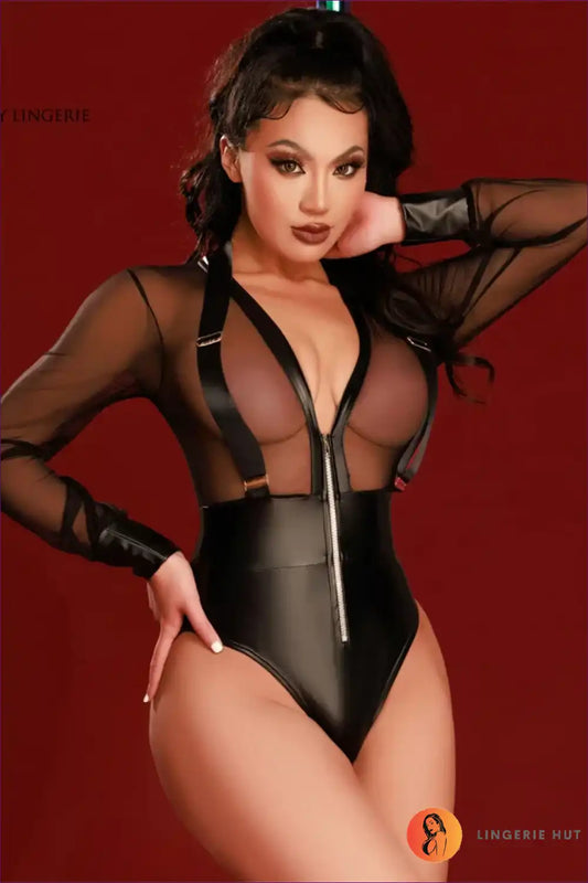 Bodysuit with Sheer Mesh Panels - After-dark Confidence for Bodysuit, Boudoir, Clubwear, Date Night, Evening