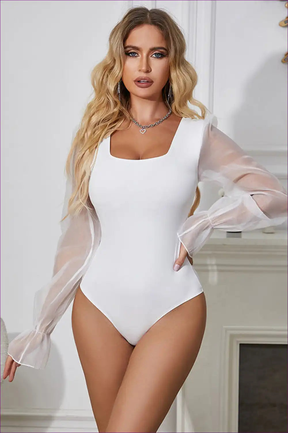 Bodysuit with Sheer Sleeves - Modern Romance for All Season, Bodysuit, Casual, Everyday, Glamour