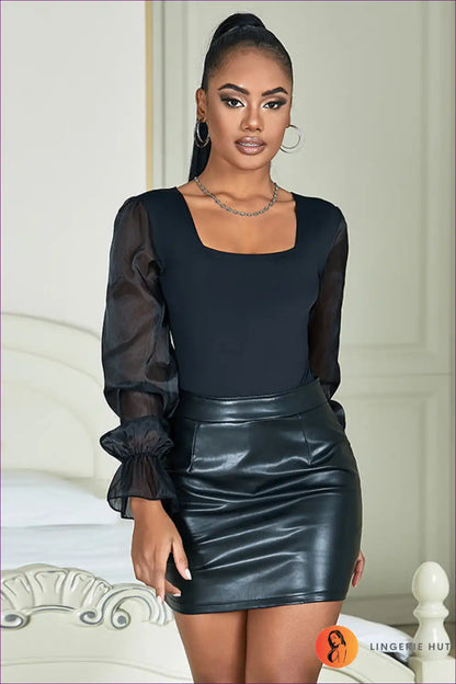 Bodysuit with Sheer Sleeves - Modern Romance for All Season, Bodysuit, Casual, Everyday, Glamour