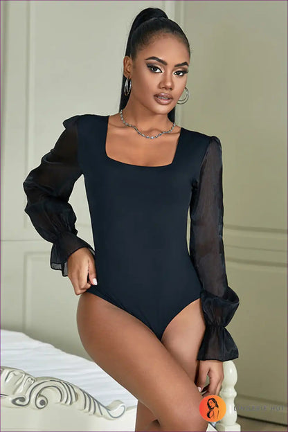 Bodysuit with Sheer Sleeves - Modern Romance for All Season, Bodysuit, Casual, Everyday, Glamour