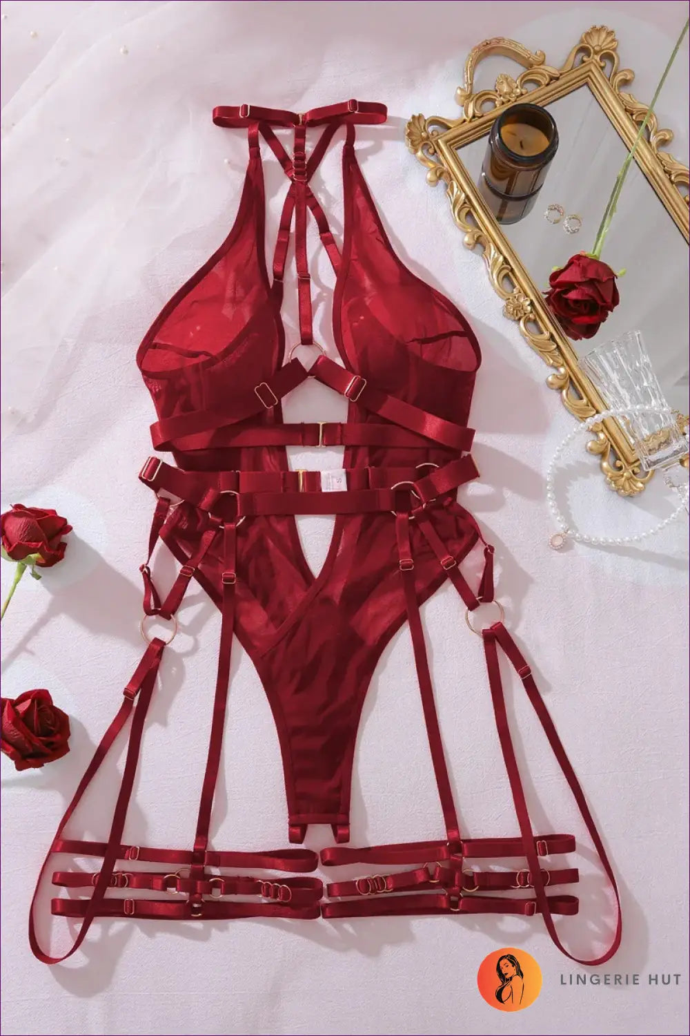 Bodysuit with Strappy Harness Detailing - Bold Bedroom Drama - Burgundy / s - All Season • Boudoir • Cutout • Date