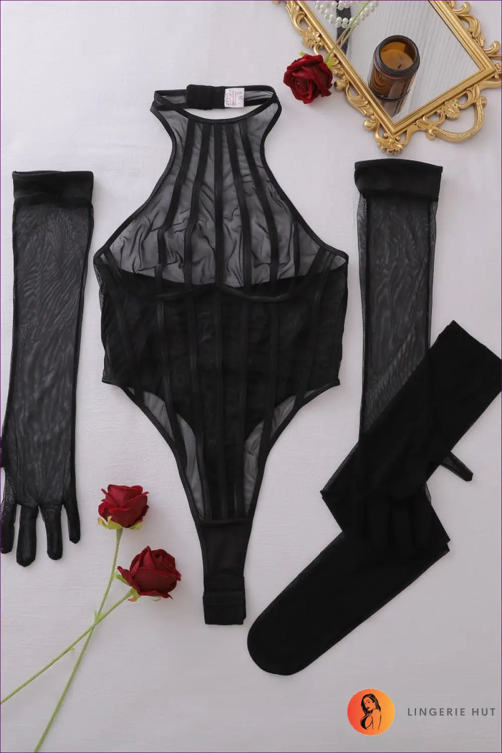 Black Striped Mesh Bodysuit with Gloves and Stockings - After Dark - s / Teddies & Bodysuits - Boudoir • Date Night