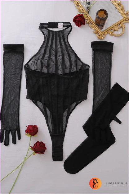 Black Striped Mesh Bodysuit with Gloves and Stockings - After Dark - s / Teddies & Bodysuits - Boudoir • Date Night