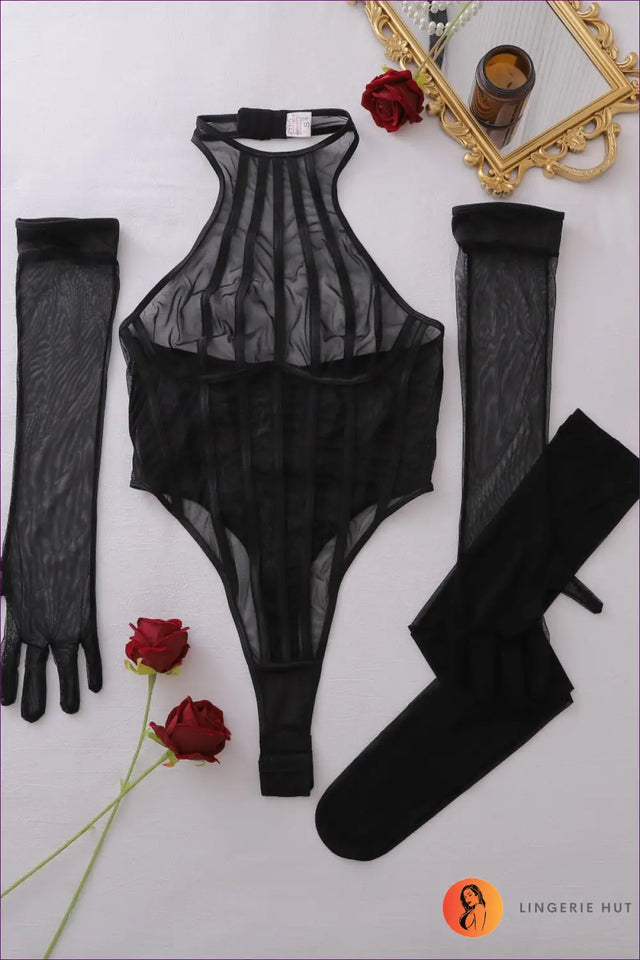 Black Striped Mesh Bodysuit with Gloves and Stockings - After Dark