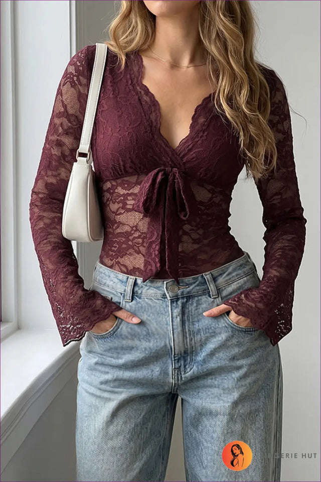 Burgundy Lace Bodysuit with Tie-Front Detail - After Dark
