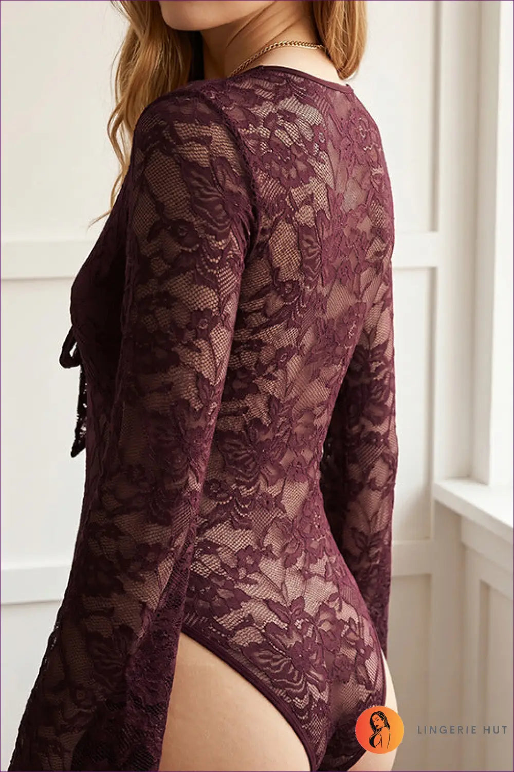 Burgundy Lace Bodysuit with Tie-front Detail - After Dark - Teddies & Bodysuits - Boudoir • Date Night