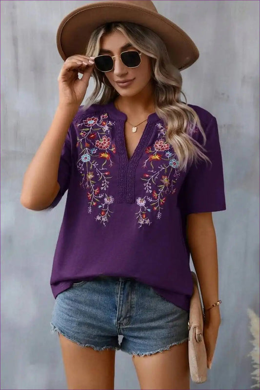 Bohemian Bliss Embroidered V-neck Top - Olive Green Floral Elegance for Boho, Casual, Cotton, Everyday, Modest