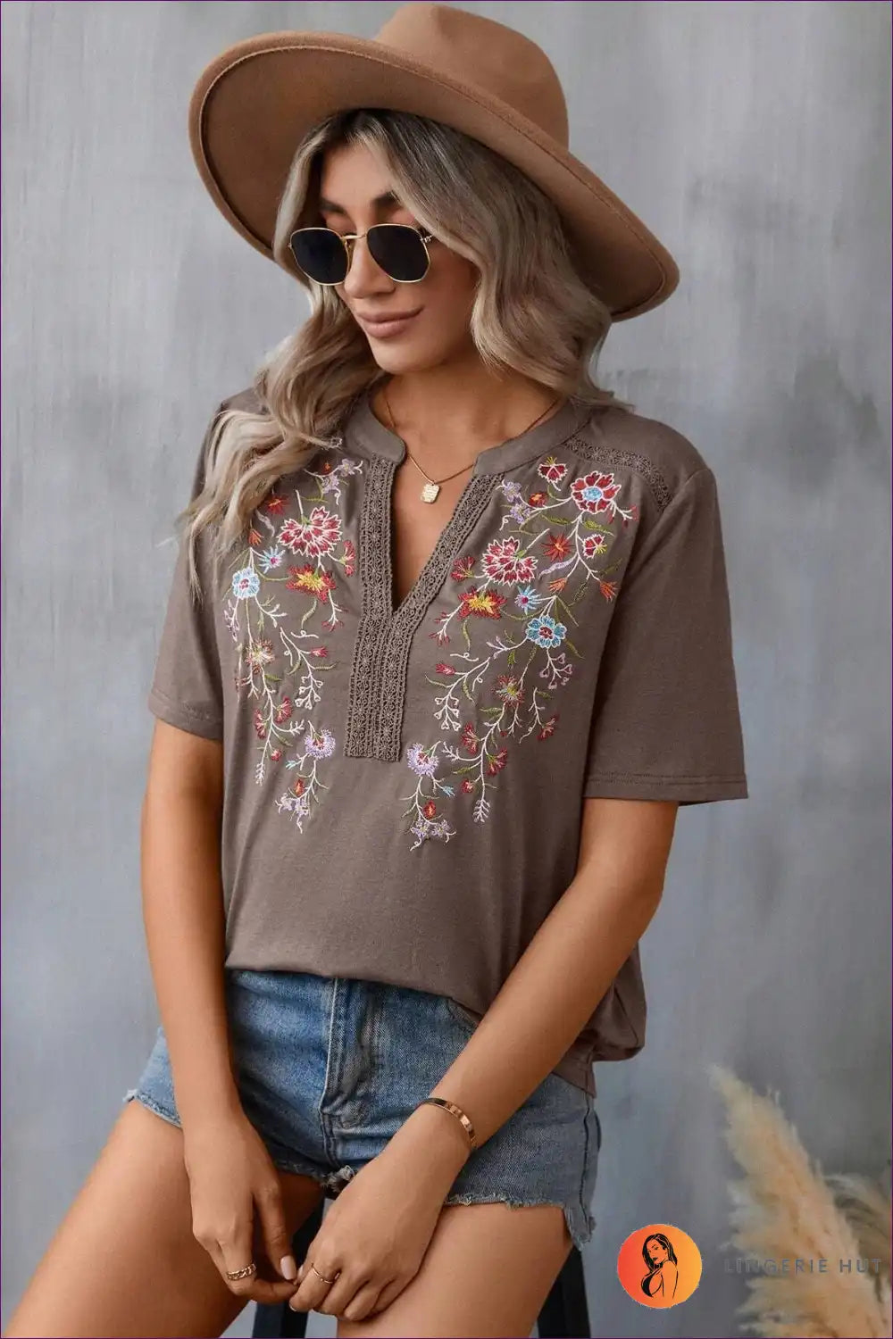 Bohemian Bliss Embroidered V-neck Top - Olive Green Floral Elegance for Boho, Casual, Cotton, Everyday, Modest