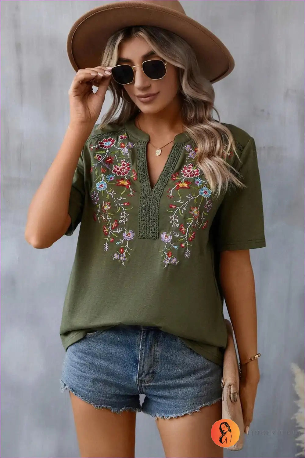 Bohemian Bliss Embroidered V-neck Top - Olive Green Floral Elegance for Boho, Casual, Cotton, Everyday, Modest