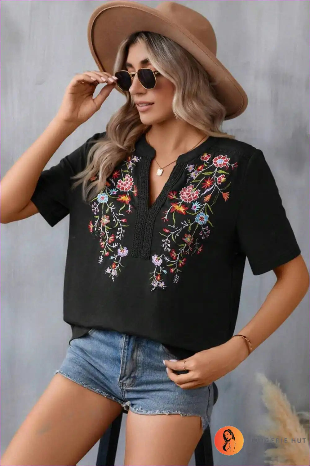 Bohemian Bliss Embroidered V-neck Top - Olive Green Floral Elegance for Boho, Casual, Cotton, Everyday, Modest