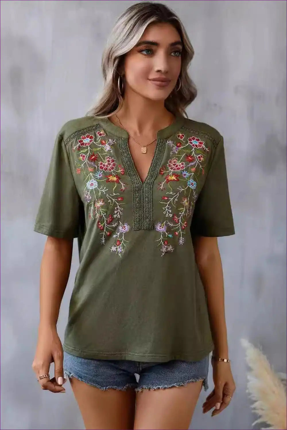 Bohemian Bliss Embroidered V-neck Top - Olive Green Floral Elegance for Boho, Casual, Cotton, Everyday, Modest