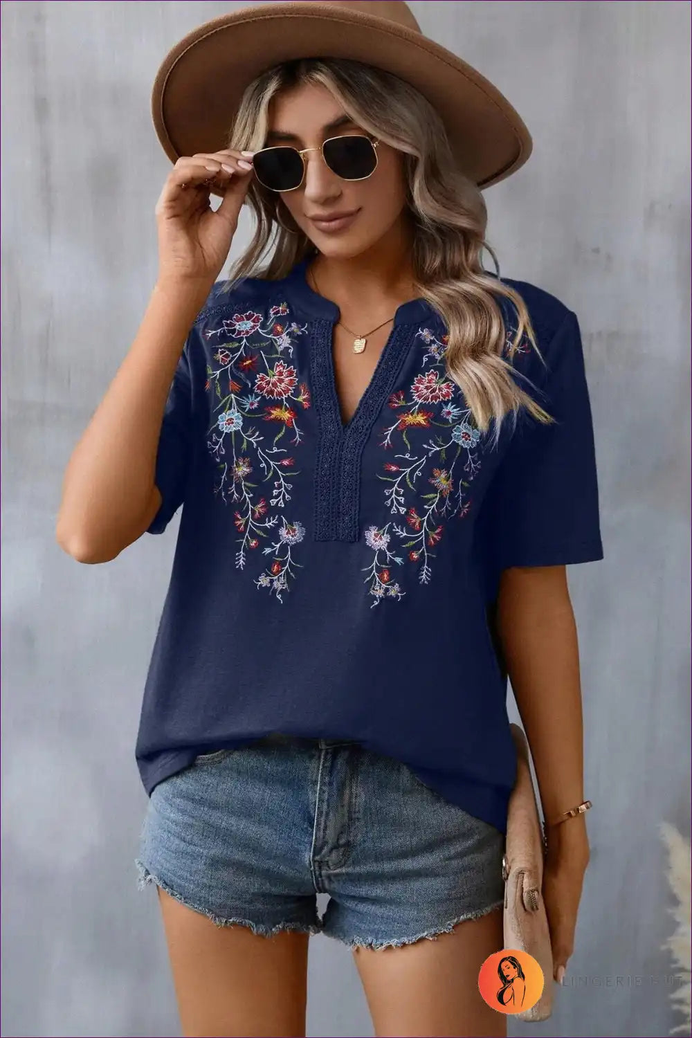 Bohemian Bliss Embroidered V-neck Top - Olive Green Floral Elegance for Boho, Casual, Cotton, Everyday, Modest