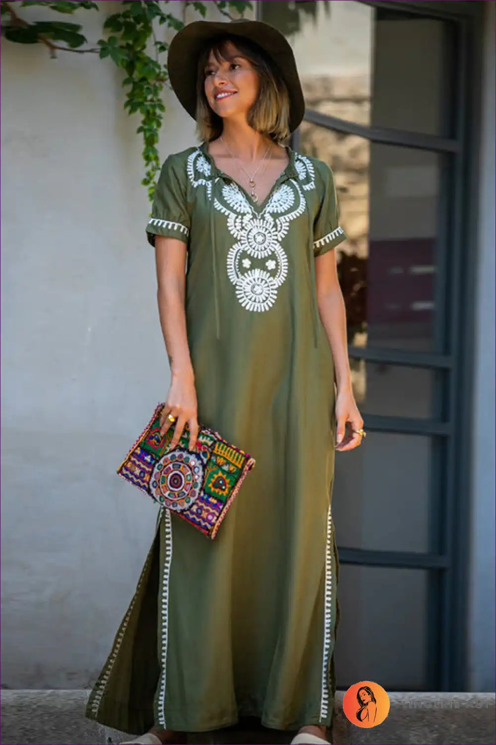 Bohemian Embroidered Maxi Dress - Olive Grove Chic for Boho, Casual, Cotton, Everyday, Glamour