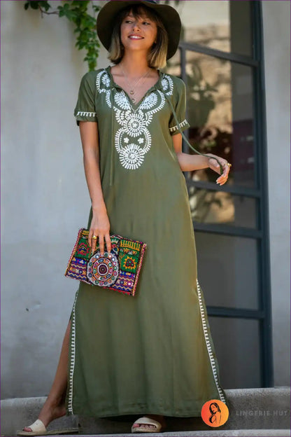 Bohemian Embroidered Maxi Dress - Olive Grove Chic for Boho, Casual, Cotton, Everyday, Glamour