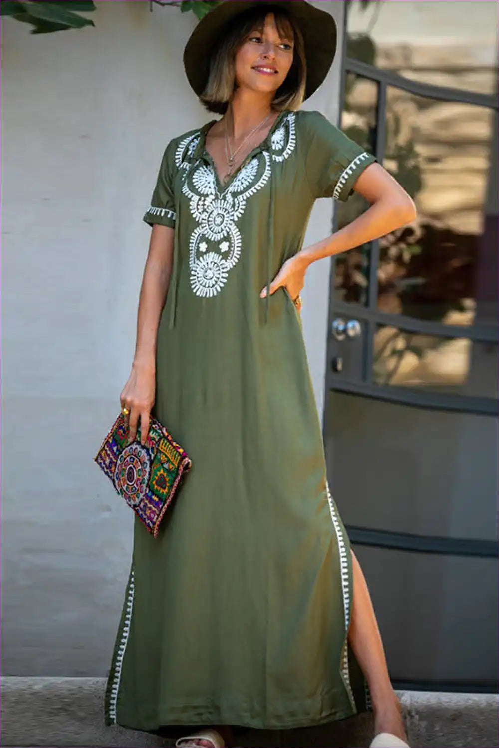 Bohemian Embroidered Maxi Dress - Olive Grove Chic for Boho, Casual, Cotton, Everyday, Glamour