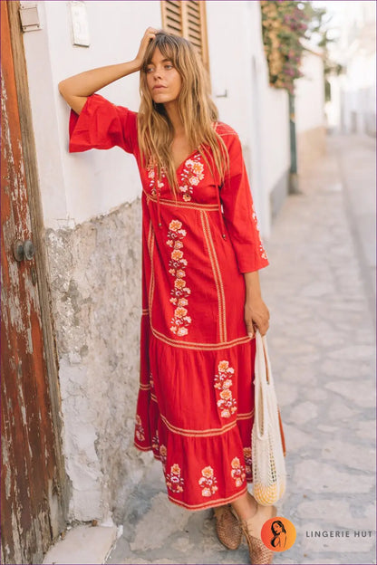 Bohemian Embroidered Maxi Dress - Summer Fiesta for Boho, Casual, Cotton, Dress, Everyday