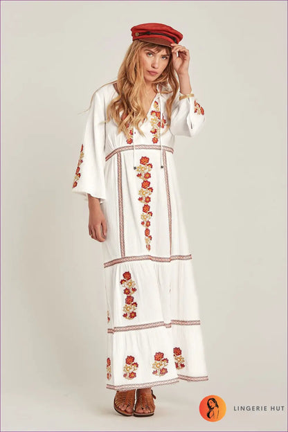 Bohemian Embroidered Maxi Dress - Summer Fiesta for Boho, Casual, Cotton, Dress, Everyday