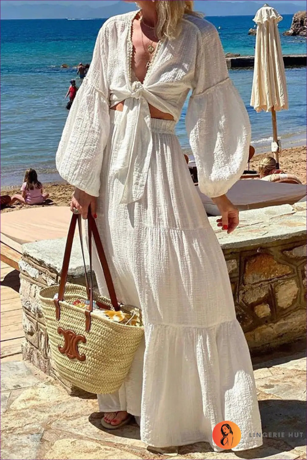 Bohemian Maxi Skirt & Puff Sleeve Cardigan co Ord - Effortless Elegance - s / White - Boho • Clothing • Elegant
