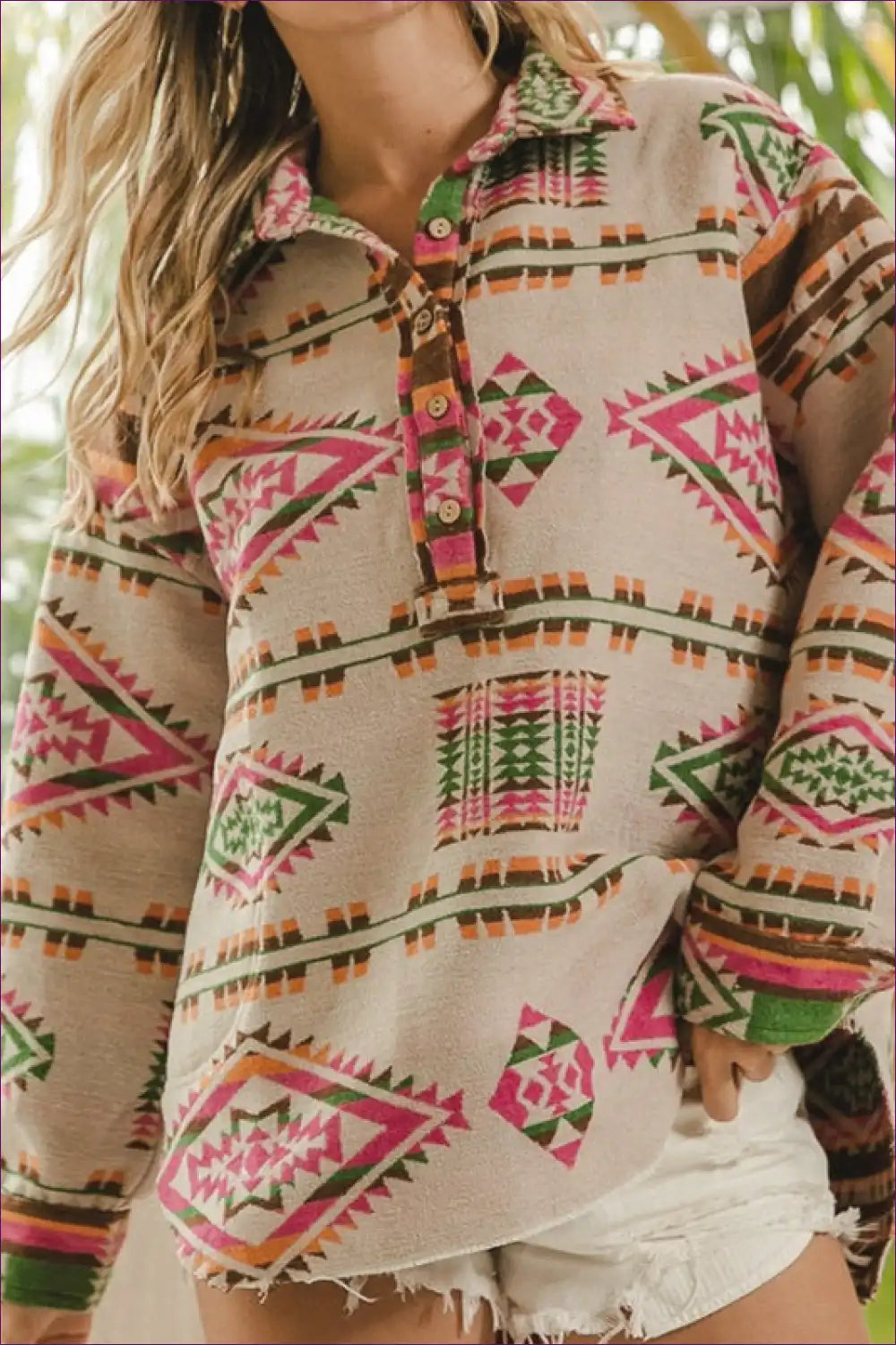 Boho Aztec-print Pullover – Relaxed & Vibrant for Boho, Casual, Everyday, Retro, Top