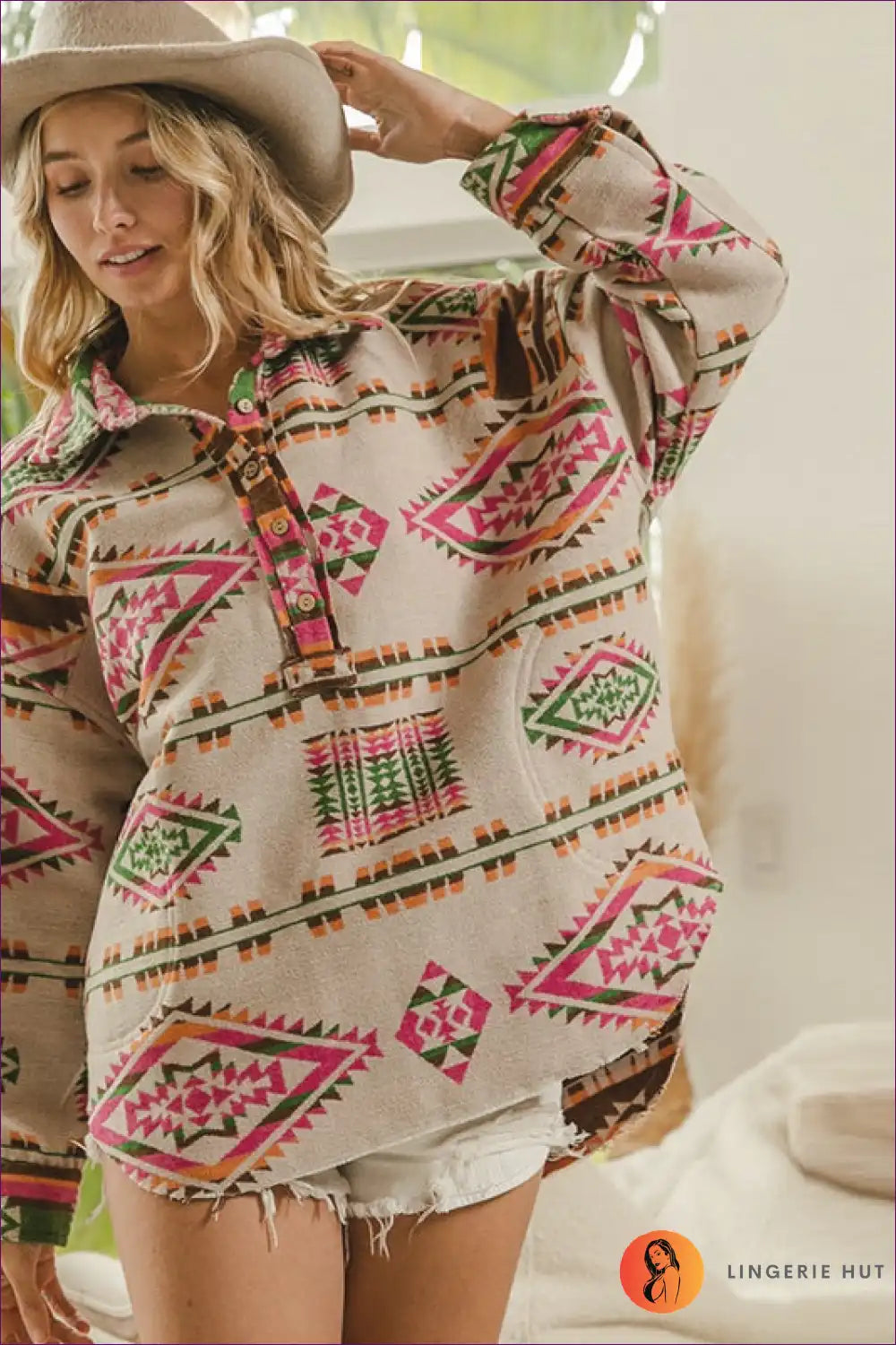 Boho Aztec-print Pullover – Relaxed & Vibrant for Boho, Casual, Everyday, Retro, Top