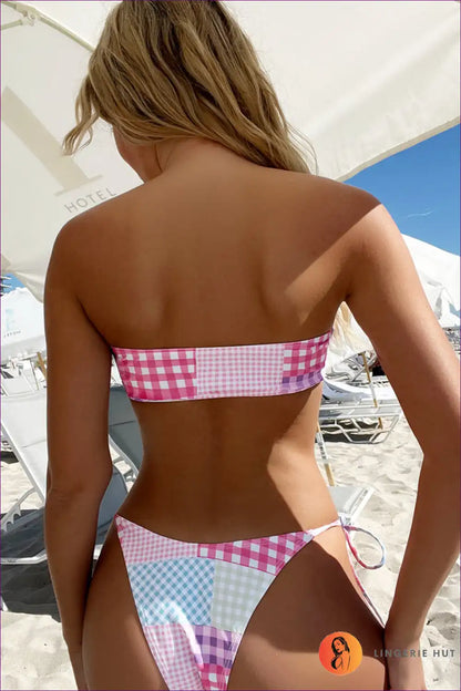 Rock Your Summer With Our Boho Check Tube Top Bikini! Perfect For Beach Days And Pool Parties. Stylish, Comfy,