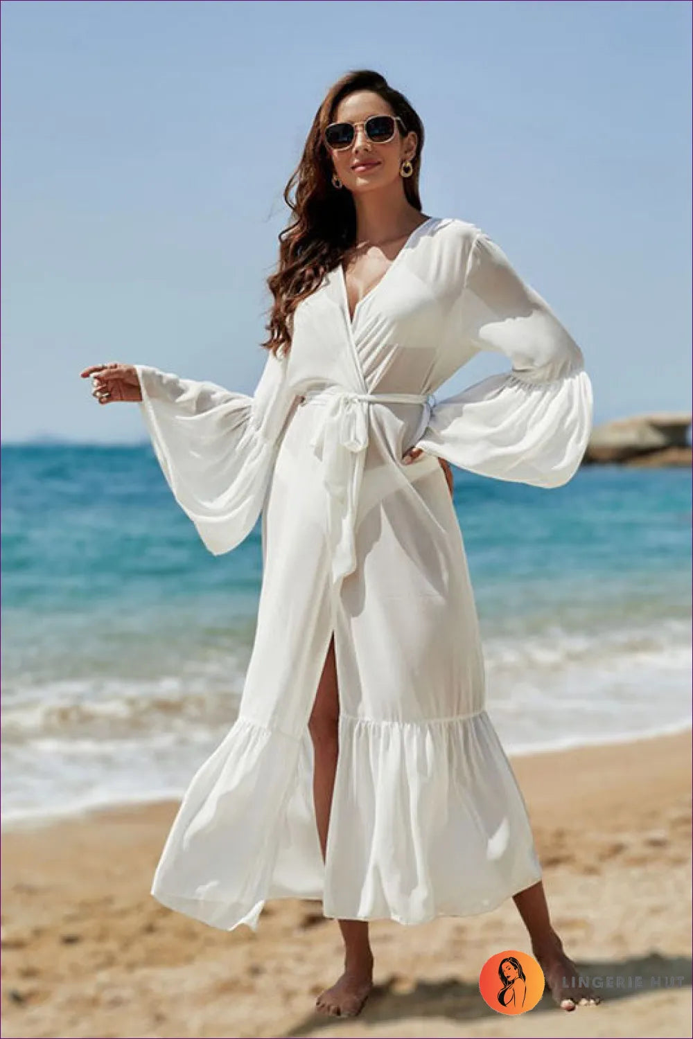 Elevate Your Vacation Style With Our Boho-chic Chiffon Bell Sleeve Cardigan. Complete Beach Look For Stylish