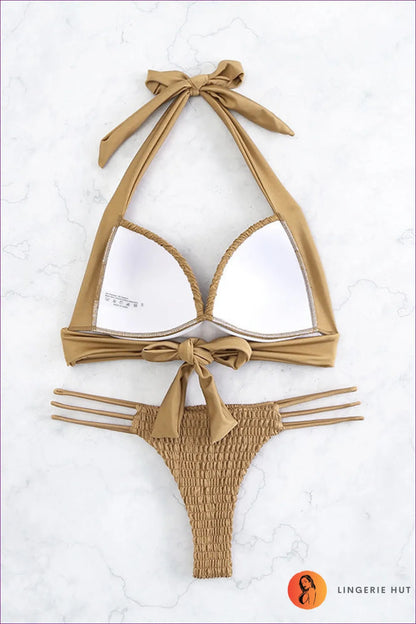 Get Ready For Vacation Vibes With Our Boho-chic Cutout Smocked Halter Bikini! Embrace Boho Allure And Make