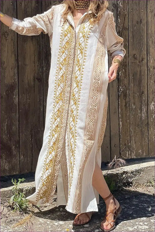 Boho Chic Embroidered Maxi Shirt Dress - Elegant Ethnic Flair for Boho, Casual, Cotton, Dress, Everyday