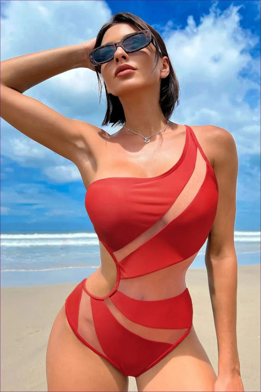 Dive Into The Allure Of Our Contrast Mesh One-shoulder Swimsuit, Featuring Captivating Cutouts And Delicate