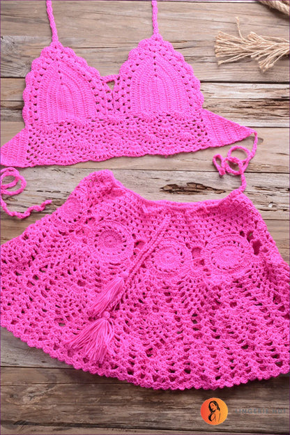 Elevate Your Summer Style With Our Boho Crocheted Bikini Top And Pleated Skirt Set - Perfect For Casual