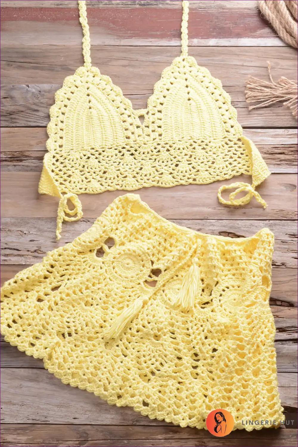 Elevate Your Summer Style With Our Boho Crocheted Bikini Top And Pleated Skirt Set - Perfect For Casual