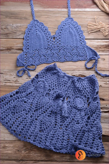 Elevate Your Summer Style With Our Boho Crocheted Bikini Top And Pleated Skirt Set - Perfect For Casual