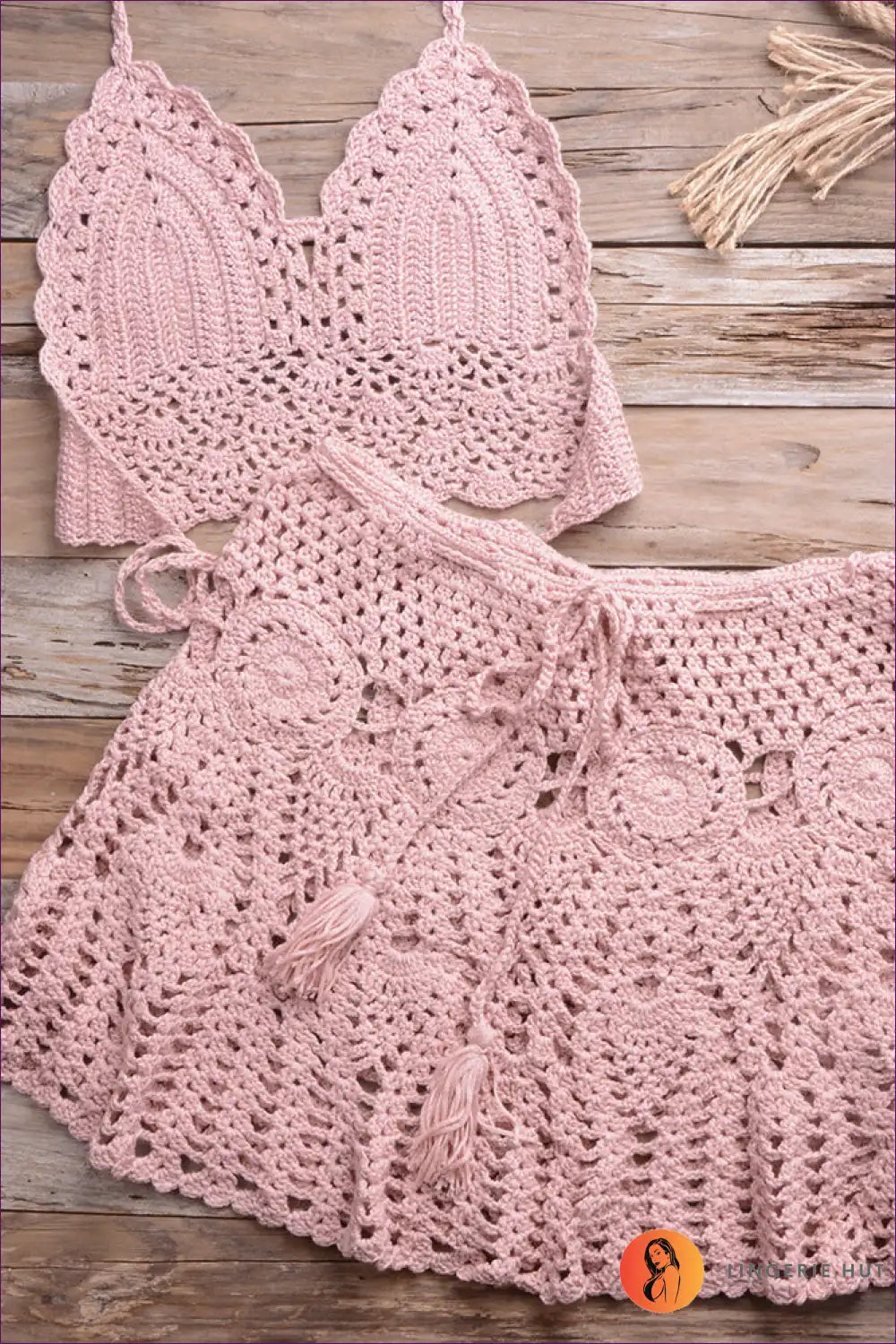 Elevate Your Summer Style With Our Boho Crocheted Bikini Top And Pleated Skirt Set - Perfect For Casual