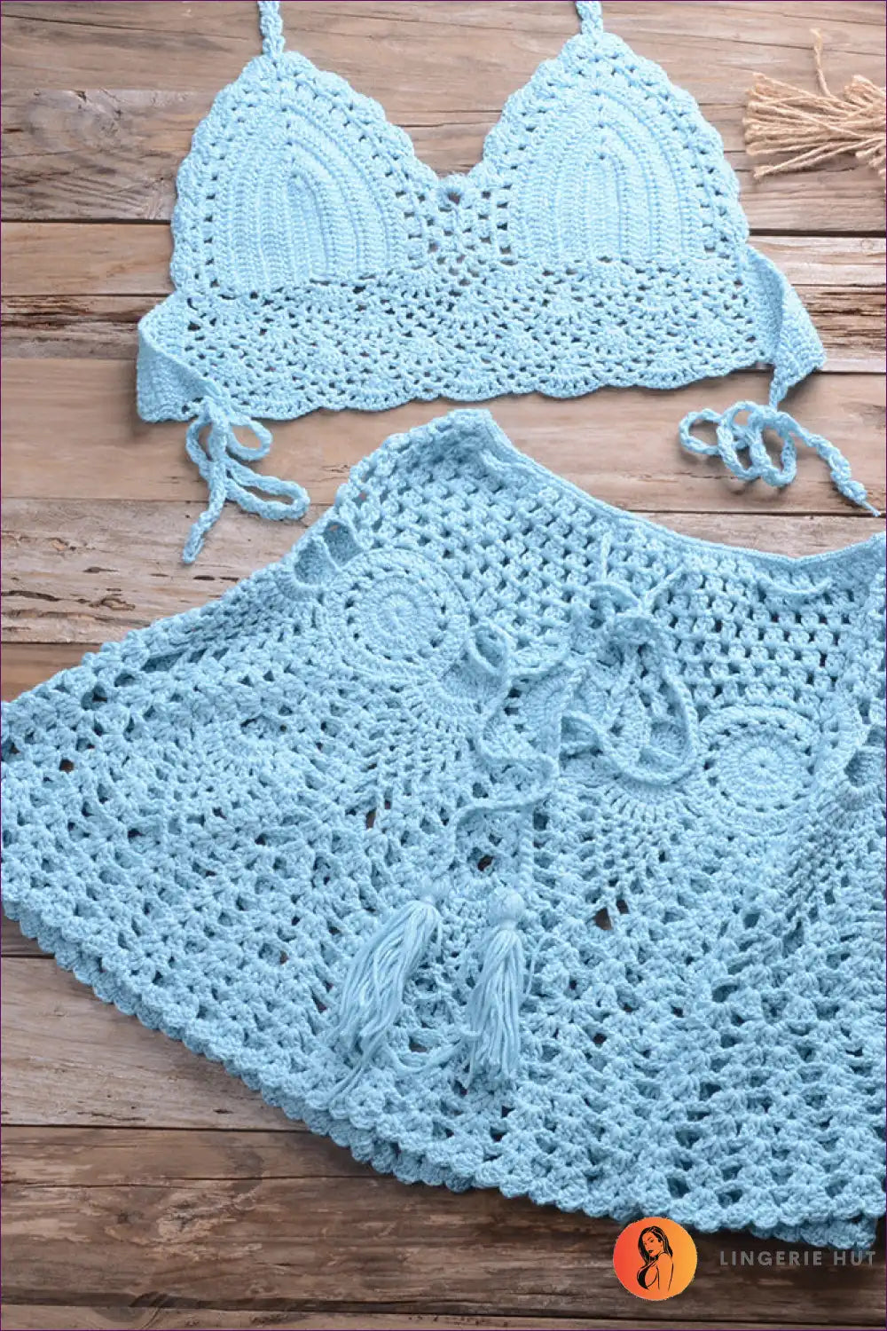 Elevate Your Summer Style With Our Boho Crocheted Bikini Top And Pleated Skirt Set - Perfect For Casual