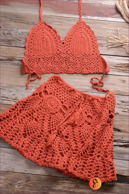 Elevate Your Summer Style With Our Boho Crocheted Bikini Top And Pleated Skirt Set - Perfect For Casual