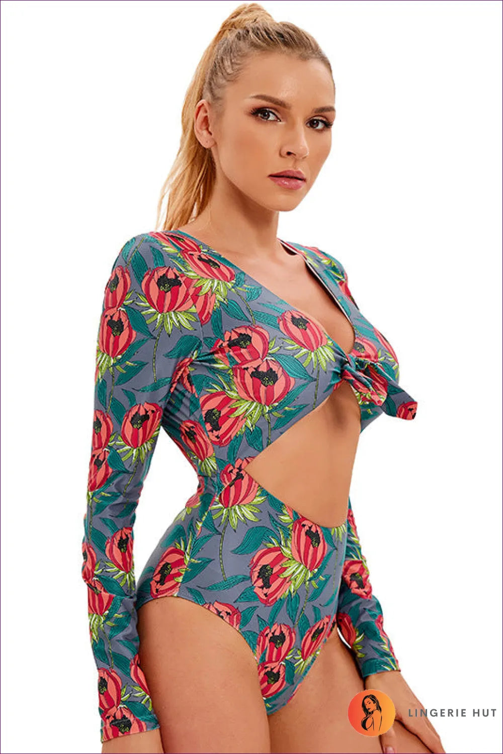 Embrace Boho Chic And Sporty Allure With Our Floral Long Sleeve Swimsuit. The Hollow-out Cutout Backless Style