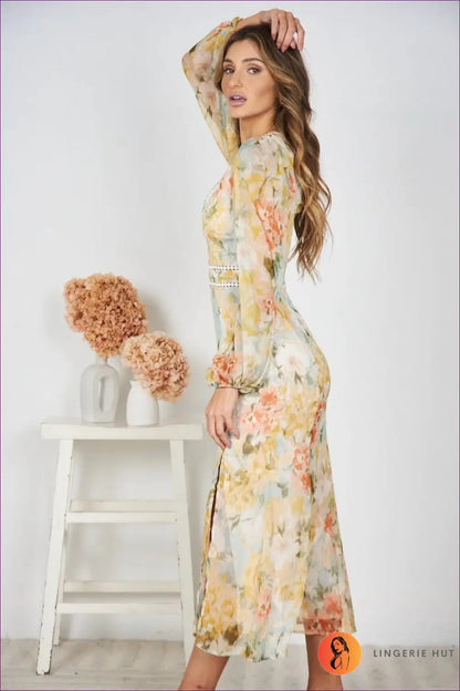 Boho Floral Maxi Dress - Vacation Evening Essential - Dresses - Lingerie Hut - A-line • Autumn • Casual • Chiffon