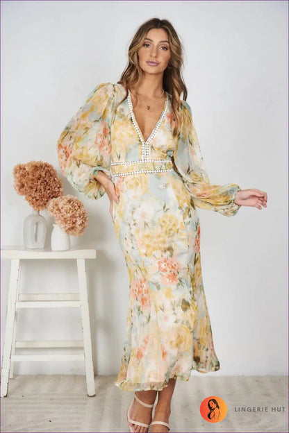 Boho Floral Maxi Dress - Vacation Evening Essential - s / Yellow - Dresses - Lingerie Hut - A-line • Autumn • Casual