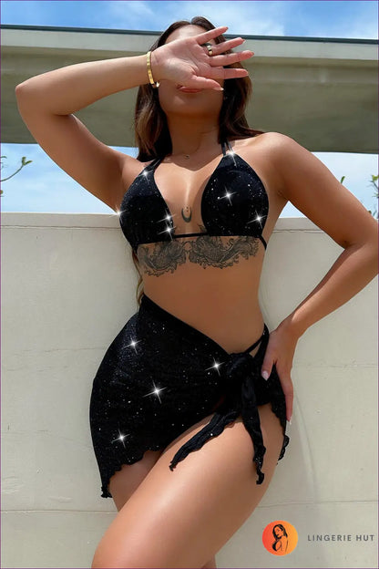 Boho Lace Bikini Three-piece Set - Effortless Holiday Chic - s / Black - Swimwear - Lingerie Hut - Beachwear • Casual