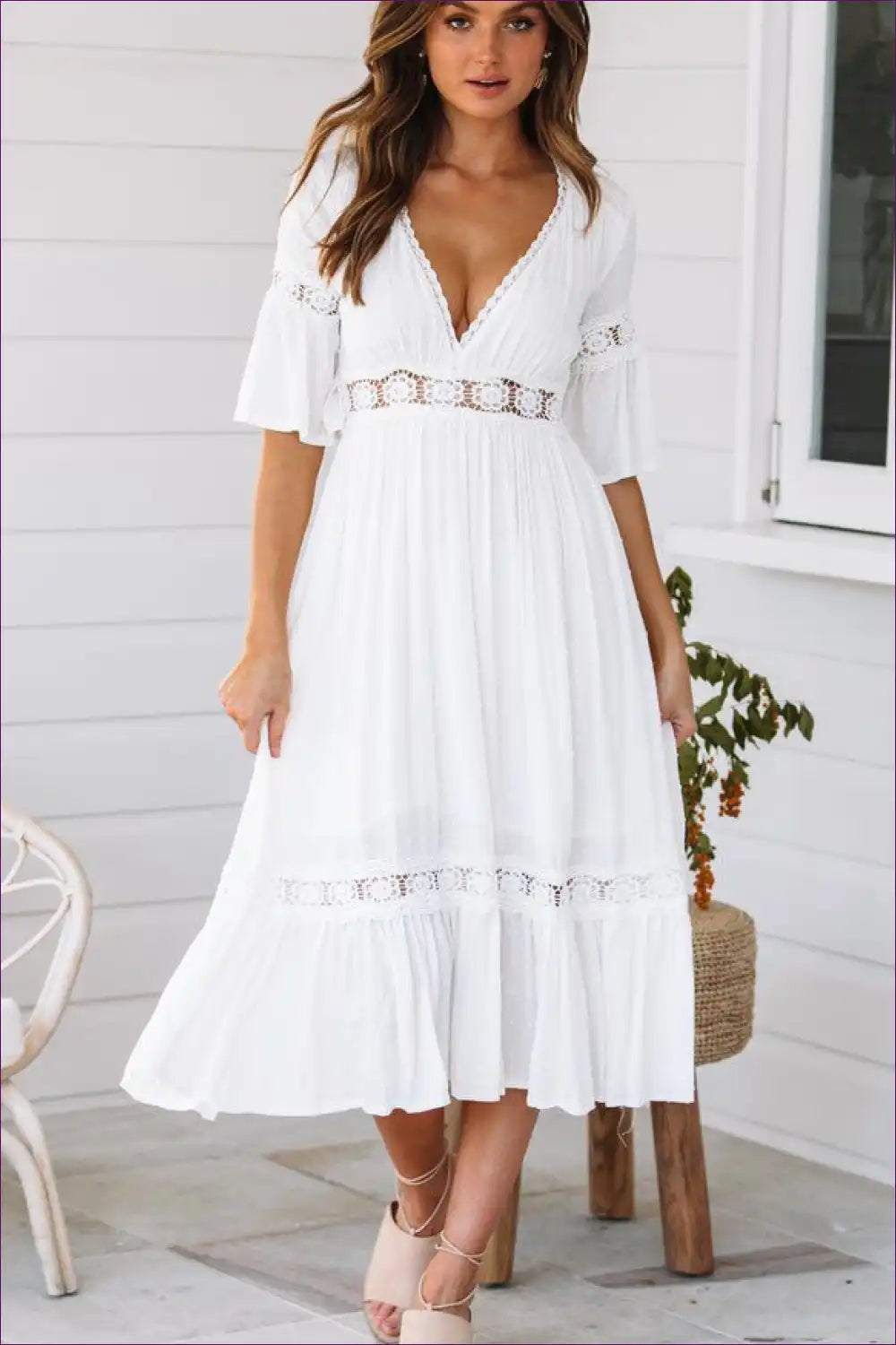 Boho Lace-trim Midi Dress - Deep v and Tiered Skirt Xl / White Dresses Free Shipping 30 Day Hassle Returns
