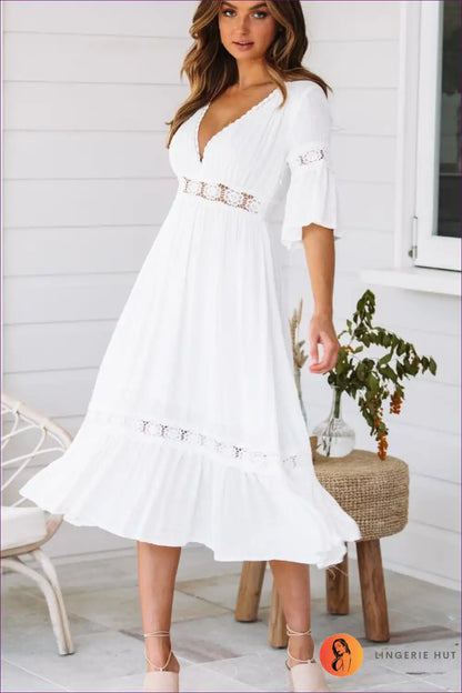 Boho Lace-trim Midi Dress - Deep v and Tiered Skirt for A-line, Boho, Bridal, Crochet,