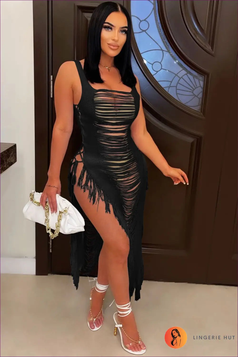 Boho Maxi Beach Dress with Tassel Cutouts - Effortless Summer Ease - s / Black - Dresses - Lingerie Hut - Beachwear