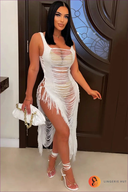 Boho Maxi Beach Dress with Tassel Cutouts - Effortless Summer Ease - s / White - Dresses - Lingerie Hut - Beachwear