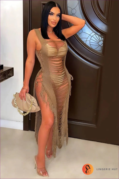 Boho Maxi Beach Dress with Tassel Cutouts - Effortless Summer Ease - s / Camel - Dresses - Lingerie Hut - Beachwear