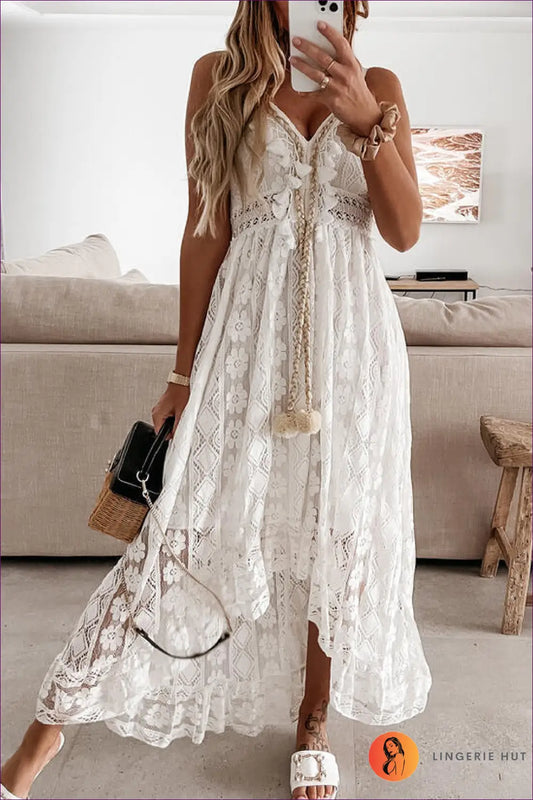 Boho Maxi Sundress with Lace Fringe - Effortless Summer Elegance - s / White - Dresses - Lingerie Hut - A-line • Casual