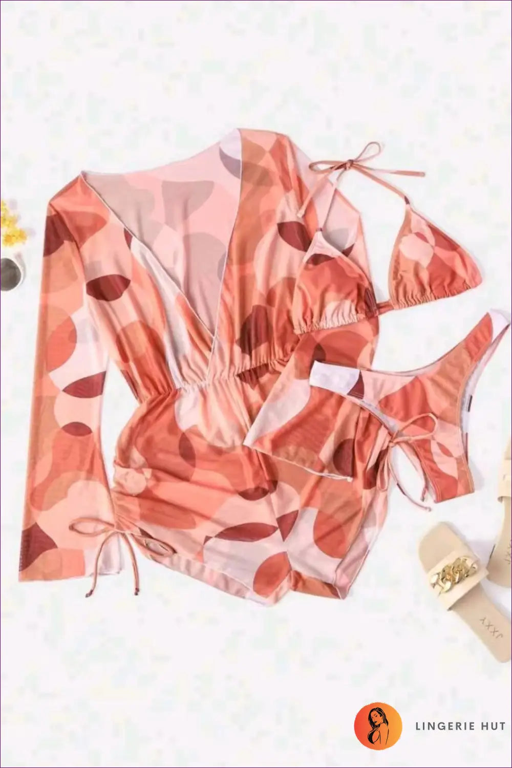 Boho Mesh Bikini Set with Cover Up - Vacation Mood Activated - s / Brown - Swimwear - Lingerie Hut - Beachwear • Cutout